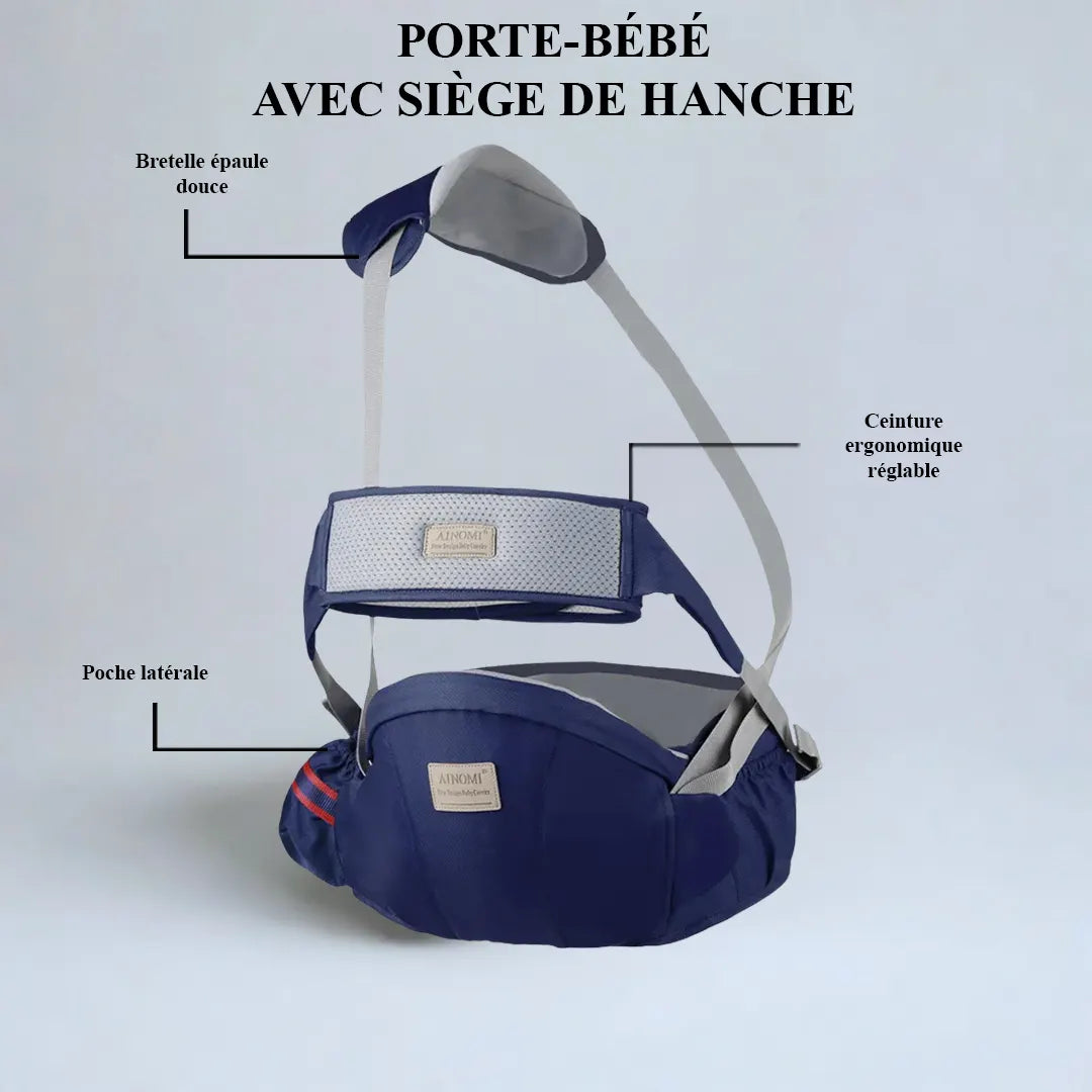 Porte-bébé avec siège de hanche – ceinture réglable, sangle de ventilation